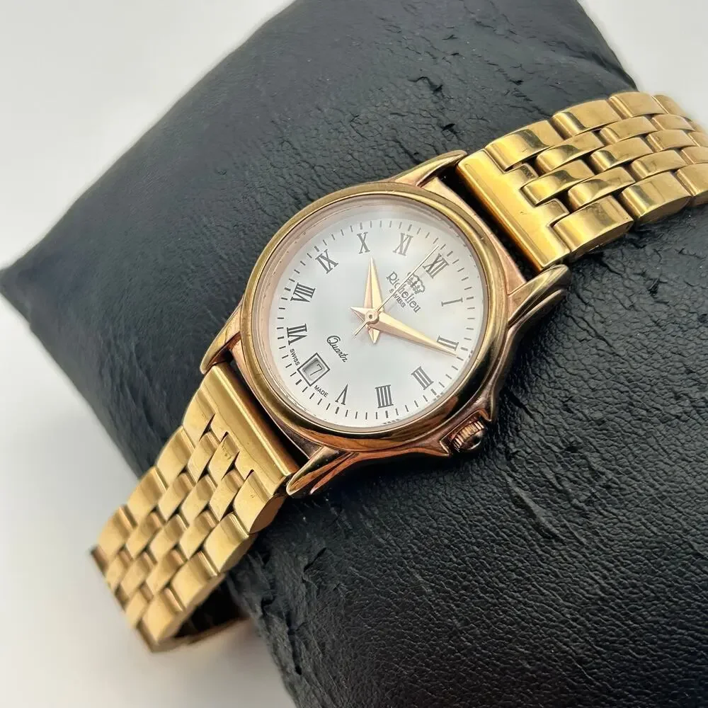 Richelieu Swiss Rose-gold White Dial St. Steel Quartz Watch Working New Battery